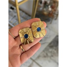 LinAlya Jewelry Vintage Kare Model Gold Çerçeveli Lacivert Taş Detaylı Küpe