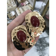 LinAlya Jewelry Gold Ezme Model Bordo Detaylı Zarif Küpe