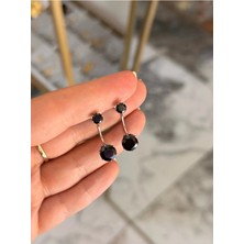 LinAlya Jewelry Siyah Tek Taş Model Silver Detaylı Tasarım Küpe