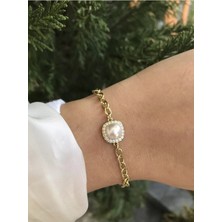 LinAlya Jewelry Tek Inci ve Taş Detaylı Gold Model Bileklik