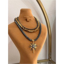 LinAlya Jewelry Kutup Yıldızı Model Çok Katmanlı Kesme Doğal Hematit Kolye