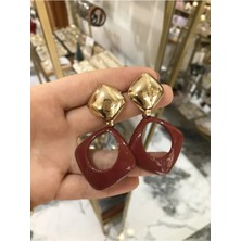 LinAlya Jewelry Gold Detaylı Asimetrik Model Bordo Küpe