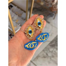 LinAlya Jewelry Işıltılı Taşlarla Çevrili Göz Model Mavi Tasarım Küpe