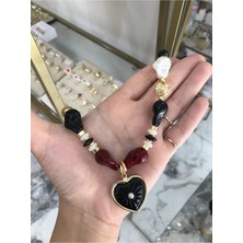 LinAlya Jewelry Cam Boncuk Model Gold Detaylı Kalp Kolye