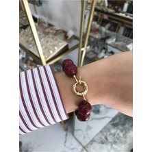 LinAlya Jewelry Vıp Gold Kilit Detaylı Bordo Bileklik