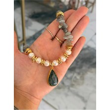 LinAlya Jewelry Vıp Doğal Labradorit ve Inci-Gold Detaylı Tasarım Kolye