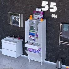 modilayn Yeni Afra 55 cm 1 Gözlü Kirli Çamaşır Sepet, 2 Kapak ve Çekmeceli 4 Raflı Çok Amaçlı Banyo Dolabı