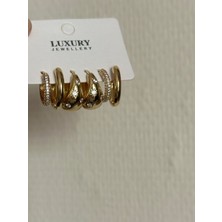 The Mat Design Gold Renk 6'lı Çoklu Halka Küpe Seti Yıldız Işıltılı Zirkon Taşlı ve Düz Bombeli Küpe Seti