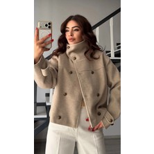 Elisin Bej Premium Dik Yaka Kol Apoletli Kaşe Kaban