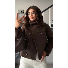 Elisin Acı Kahve Premium Dik Yaka Kol Apoletli Kaşe Kaban