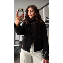 Elisin Siyah Premium Dik Yaka Kol Apoletli Kaşe Kaban