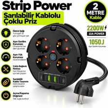 Enshall Sarılabilir Blic Pro 2 Metre Uzatma Kablolu  2200W Akım Korumalı Priz 4x Ac + 2x USB + 2x Type-C 1050J Priz