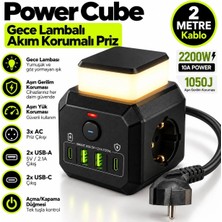 Enshall Mini Blic Pro Gece Lambalı 2 Metre Uzatma Kablolu Akım Korumalı 1050J Çoklu Priz 3x Ac Priz+ 2x USB + 2x Type-C