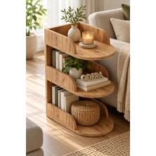 Odera Atlantik Çam 3 Katlı Raflı Yan Sehpa Kitaplıklı Çok Amaçlı Oval Dekoratif Sehpa 60X43X28 cm