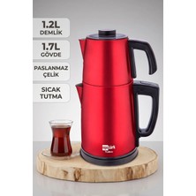 Ege Türk TeaDem 2000W Elektrikli Çay Makinesi Çaycı 1.7l Kettle 1.2l Demlik Paslanmaz Çelik Kırmızı