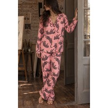 Bella Notte Pamuklu Pembe Leopar Desenli Düğmeli Uzun Kollu Pijama Takımı