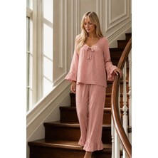 Bella Notte Gül Kurusu Fiyonk Detaylı Volan Kollu Müslin Pijama Takımı