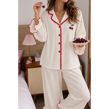 Bella Notte Ekru Kiraz Nakışlı Fırfır Detaylı Uzun Kollu Pijama Takımı