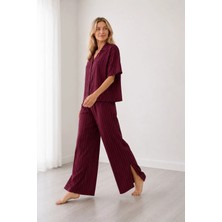 Bella Notte Viskon Dokuma Bordo Çizgili Kısa Kollu Gömlek Yaka Bol Paça Pijama Takımı
