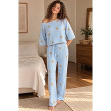 Bella Notte Kadın Mavi Çizgili Ayıcık Desenli Asimetrik Kısa Kollu Pijama Takımı