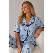 Bella Notte Mavi Nazar Boncuğu Desenli Biye Detaylı Kadın Pijama Takımı