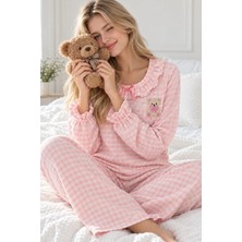 Bella Notte Kadın Pembe Ekose Desenli Fırfır Yaka Uzun Kollu Pijama Takımı