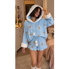 Bella Notte Kadın Mavi Çizgili Ayıcık Desenli Peluş Detaylı Kapüşonlu Şortlu Pijama Takımı