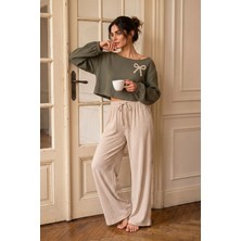 Bella Notte Haki Yeşili Crop Üst Bol Paça Kadın Pijama Takımı