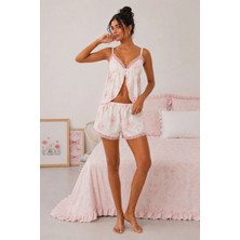 Bella Notte Viskon Dokuma Pembe Çiçek Desenli Dantel Detaylı Şortlu Pijama Seti, Kese ve Saç Bandanası