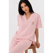 Bella Notte Pembe Pötikare Desenli V Yaka Ayıcık Nakışlı Kısa Kollu Pijama Takımı