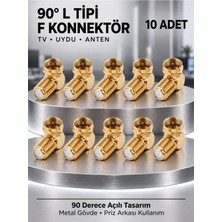 10 Adet Gold 90 Derece L Tipi F Konnektör - Metal Priz Arkası Tv Uydu Anten Dönüştürücü