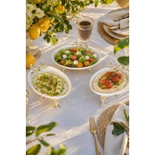 May Home 3 Parça Ayaklı Kuş Detaylı Porselen Kayık Tabak Seti & Oval Yuvarlak Sunum Seti