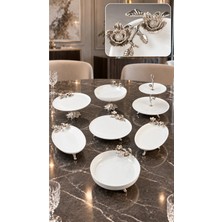 May Home 7 Parça Porselen Kayık Tabak Kase Seti & Ayaklı Kurabiyelik Sunumuk Servislik