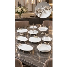 May Home 8 Parça Porselen Tabak Kase Fanus Sunum Seti & Metal Ayaklı Servislik