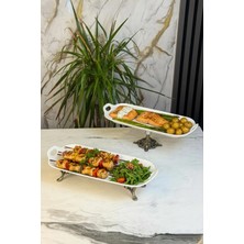 May Home 2'li Ayaklı Porselen Kayık Sunum Tabağı & Kulplu Meze Yemek Servisliği