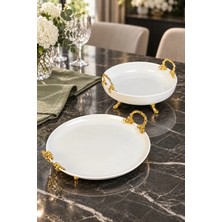 May Home 2'li Metal Ayaklı Kulplu Porselen Sunumluk & Meze Pasta Kurabiye Servis Tabağı