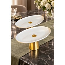 May Home 2'li Porselen Gold Metal Ayaklı Kayık Meze Tabağı & Oval Yemek Sunumluk Servisliği ( Yıkanabilir)