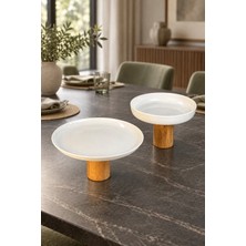 May Home 2'li Ahşap Ayaklı Porselen Tabak Kase Seti & Pasta Kurabiye Kek Salata Meyve Meze Servisliği