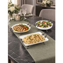 May Home 3'lü Porselen Modern Set & Dikdörtgen Yuvarlak Tabak Kase Sunumluğu