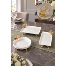 May Home 3 Parça Porselen Metal Ayaklı Sunum Seti & Kase Dikdörtgen Tabak P.k