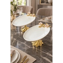 May Home Laleza Kand Ayaklı 2'li Oval Meze Sunum Tabağı & Porselen Kayık Tabak