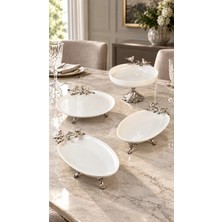 May Home 4 Parça Ayaklı Porselen Kuş Detaylı Lüks Set & Kayık Tabak Ayaklı Kase Sunum Seti