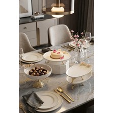 May Home 4 Parça Ayaklı Detaylı Porselen Sunum Seti & Lüks Ayaklı Kase Kayık ve Yuvarlak Tabak