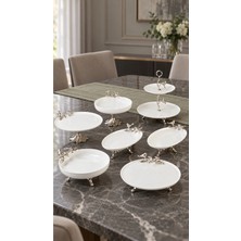 May Home 7 Parça Porselen Tabak Kase Sunum Seti & 2 Katlı Ayaklı Servislik Takım