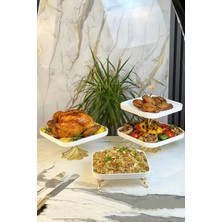 May Home 3 Parça Gold Detaylı Porselen Sunum Tabağı Seti & Kurabiyelik Pasta Yemek Servisliği