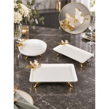 May Home 3 Parça Metal Ayaklı Porselen Sunum Seti & Kase Dikdörtgen Tabak S.k