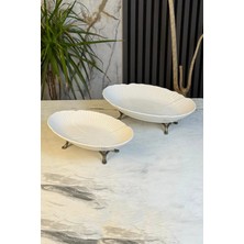 May Home 2'li Porselen Kayık Sunum Tabağı & Metal Ayaklı Oval Meze Yemek Ikramlık Servsiliği