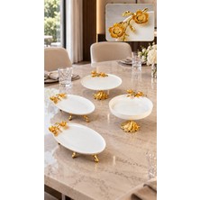 May Home 4 Parça Firuze Porselen Metal Ayaklı Sunum Servis Seti &tabak Kase Meze Kayık Seti