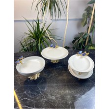 May Home Mavi Kelebek Kand Ayaklı Porselen Kase Tabak Sunum Seti & Metal Ayaklı Salata Yemek Sunumluğu