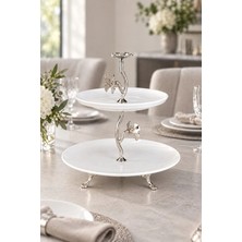 May Home Gümüş Pırlanta Kelebek Detaylı 2 Katlı Porselen Kurabiyelik Tabak